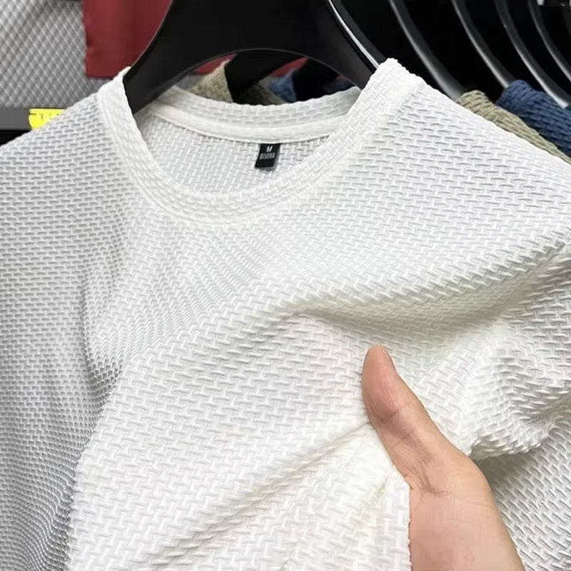 Men'S Short Sleeve Mesh Bamboo Ice Silk T-Shirt Casual Versatile Summer Elastic Slimming Top for Men