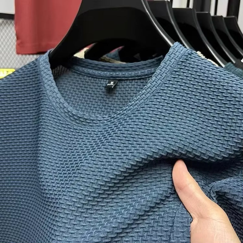Men'S Short Sleeve Mesh Bamboo Ice Silk T-Shirt Casual Versatile Summer Elastic Slimming Top for Men