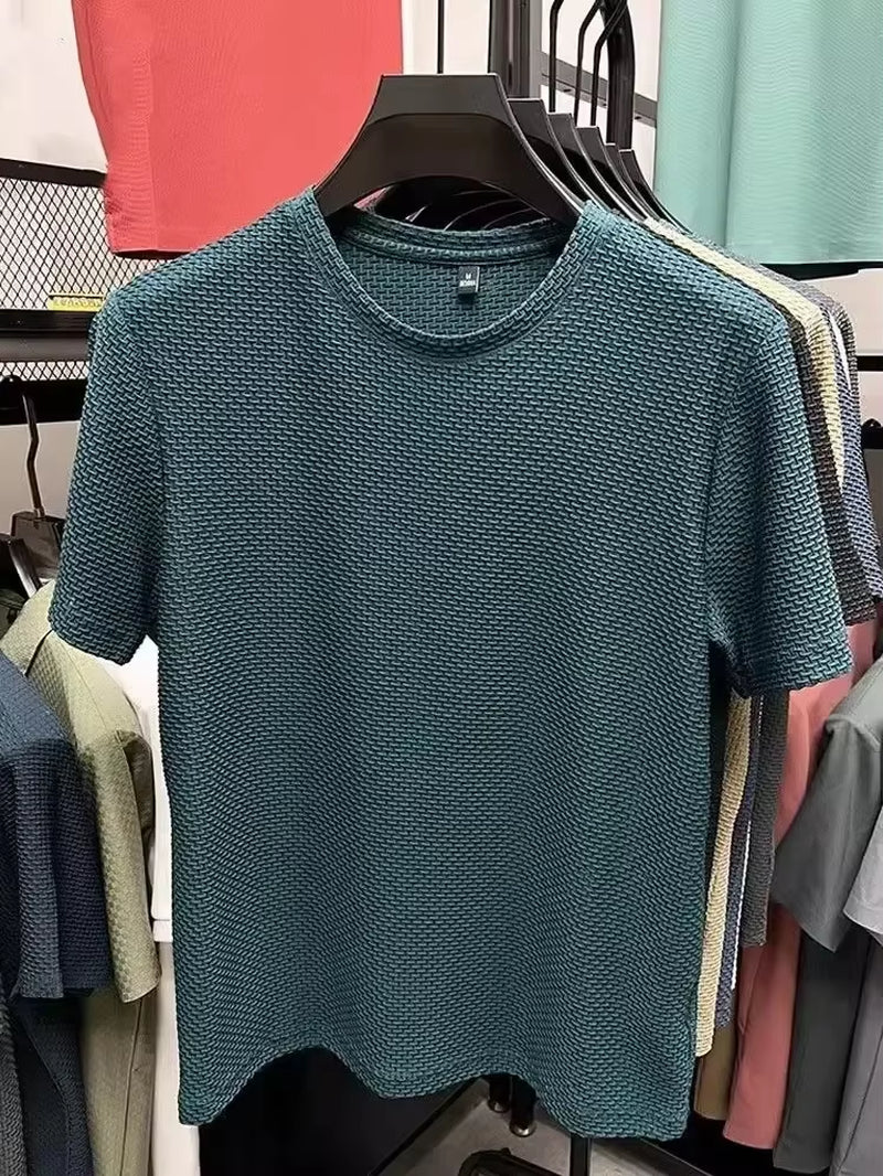 Men'S Short Sleeve Mesh Bamboo Ice Silk T-Shirt Casual Versatile Summer Elastic Slimming Top for Men
