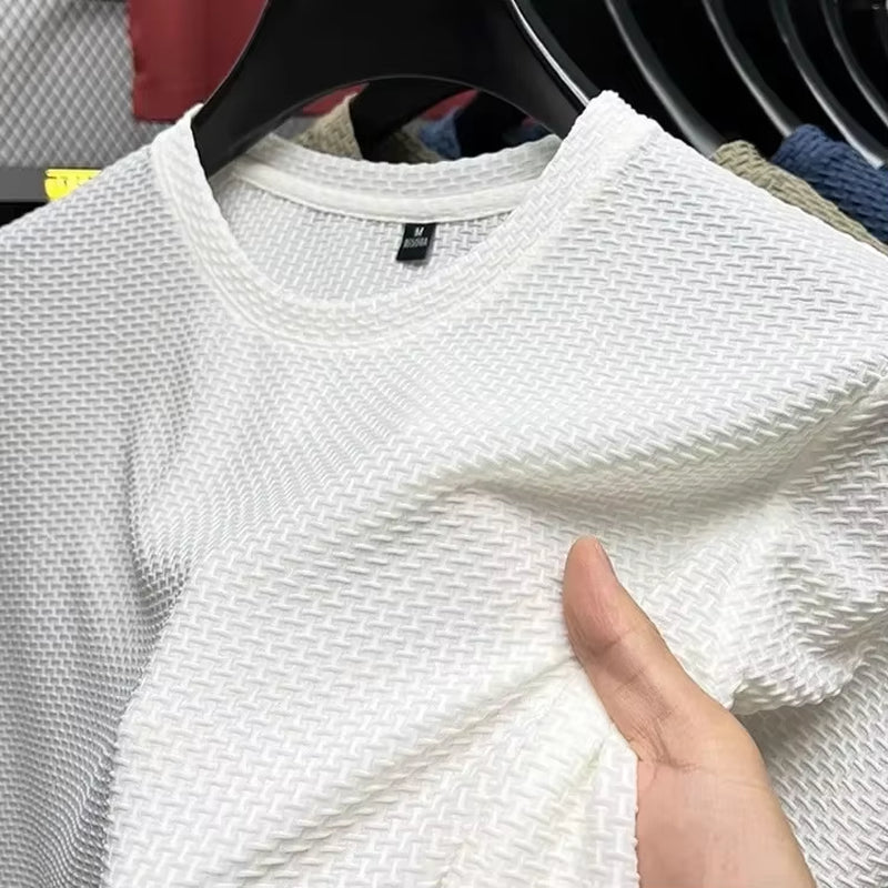 Men'S Short Sleeve Mesh Bamboo Ice Silk T-Shirt Casual Versatile Summer Elastic Slimming Top for Men