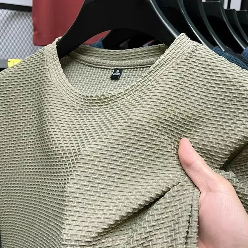 Men'S Short Sleeve Mesh Bamboo Ice Silk T-Shirt Casual Versatile Summer Elastic Slimming Top for Men